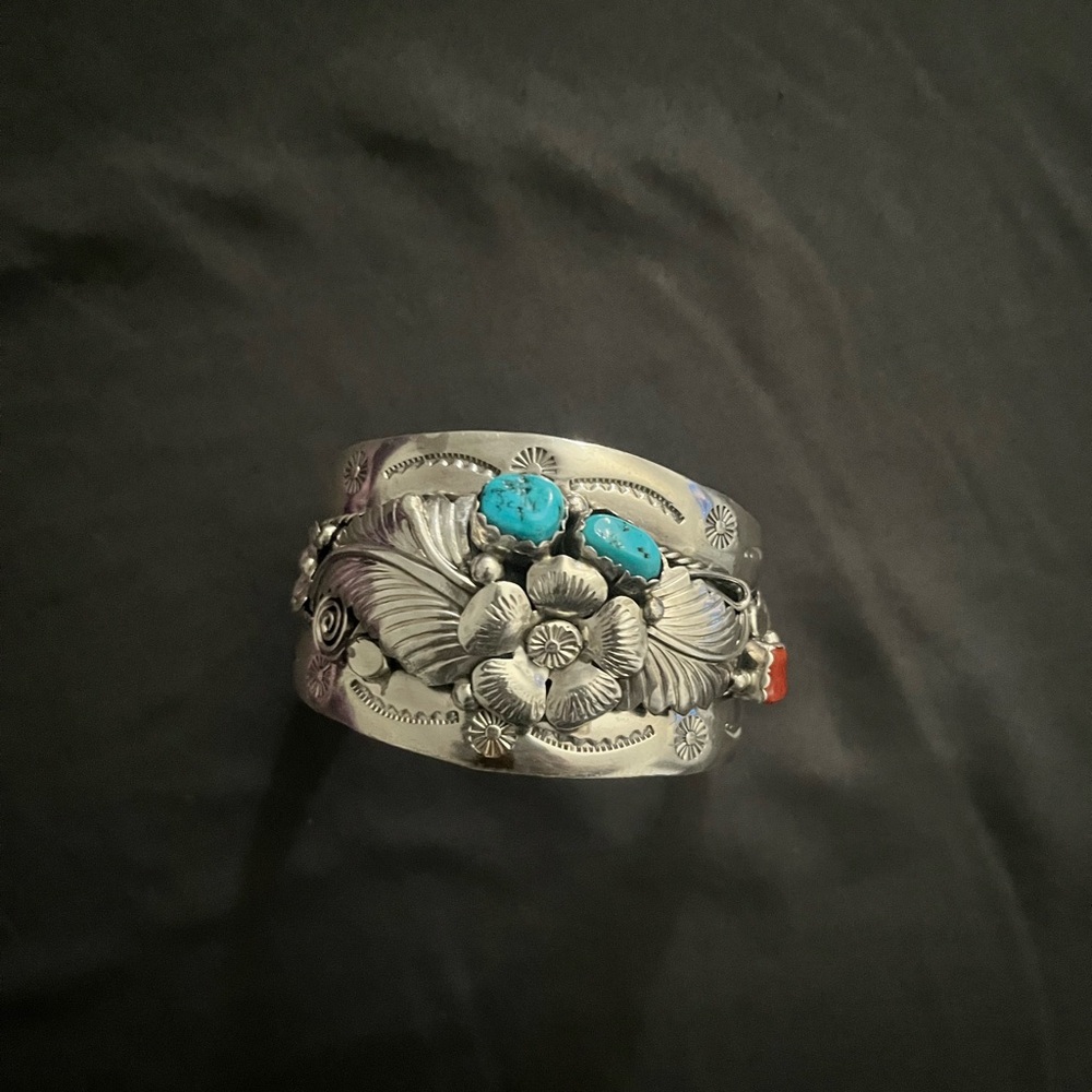 Native Silver Cuff Bracelet with Turquoise and Coral Accents